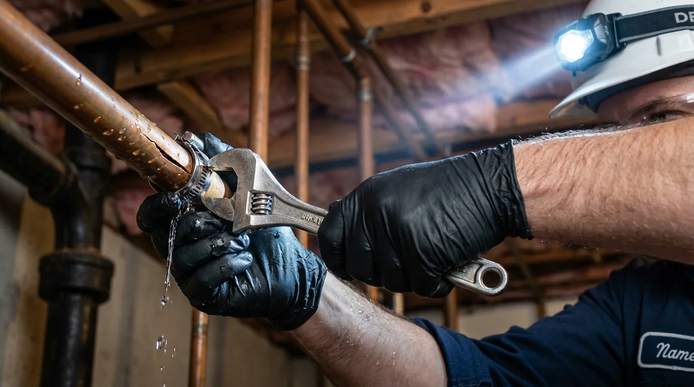 Emergency pipe clamp repair being performed by a Johns Plumbing LLC plumber in Port Neches