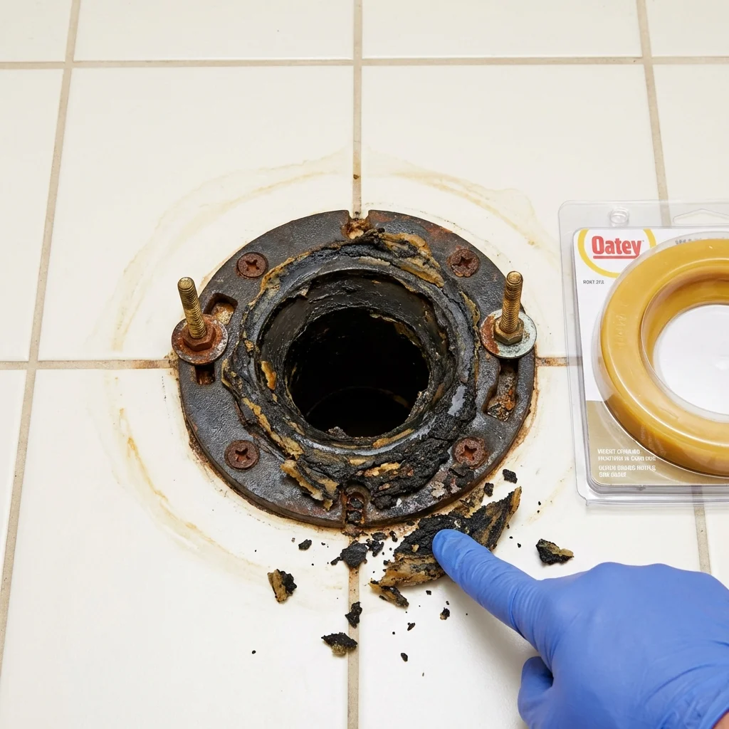 Failed wax ring showing water seepage at the base of a toilet in a Port Neches, TX home