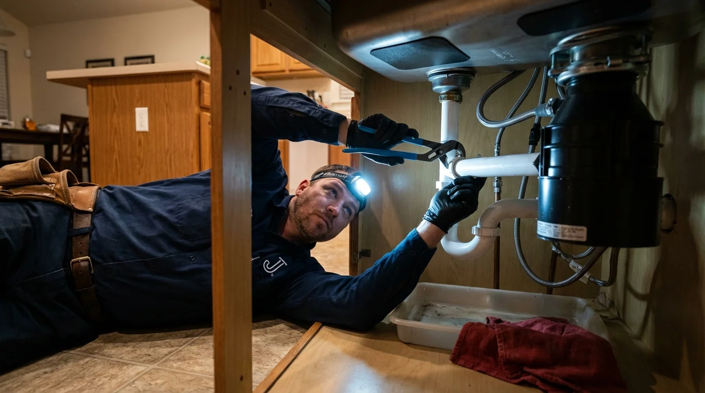 P-trap and supply line connections under a kitchen sink showing a common leak point in Port Neches, TX